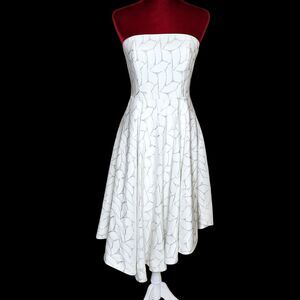 White House Black Market Silver Leaf Strapless Asymmetric Midi Dress 4 Wedding